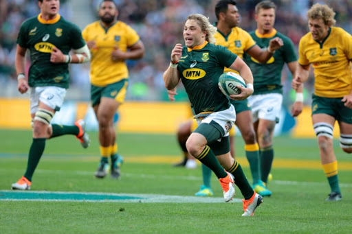 Try scorer Faf de Klerk of South Africa during the Rugby Championship match between South Africa and Australia at Nelson Mandela Bay Stadium on September 29, 2018 in Port Elizabeth, South Africa.