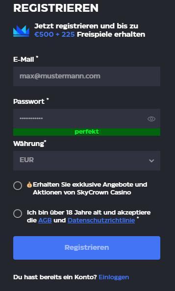 SkyCrown Casino Registrierung