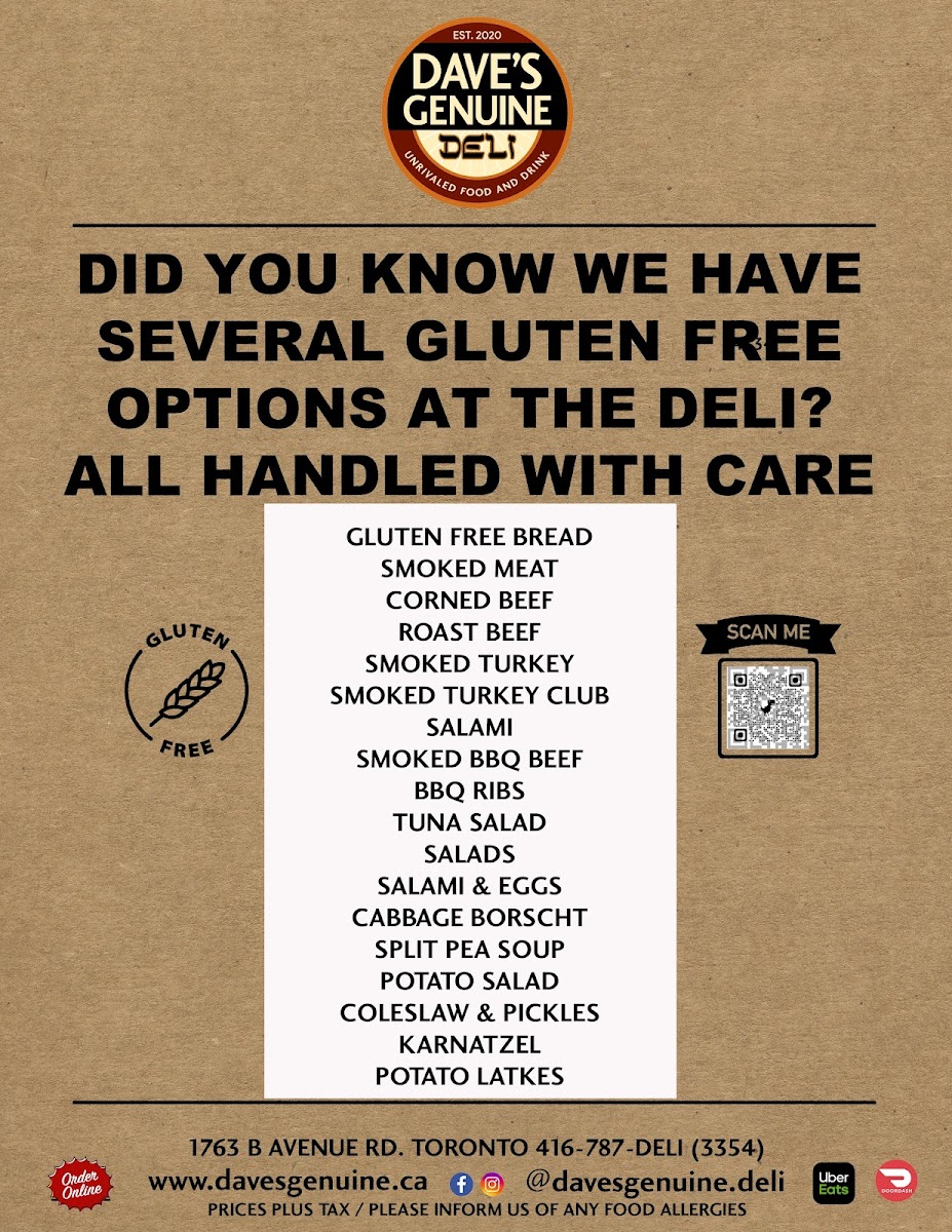 Dave's Genuine Deli gluten-free menu