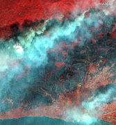 A satellite image shows a coloured infrared overview of wildfires in Alexandroupolis, Greece, August 23, 2023.   