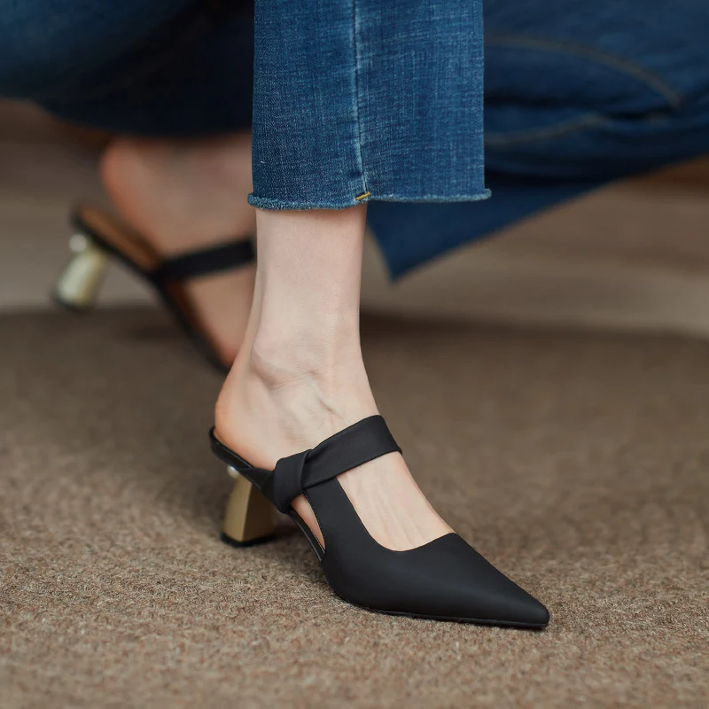 Pantoufles à talons hauts en cuir pleine fleur pour femmes, douces et confortables, en peau de mouton, bout pointu, chaussures féminines.