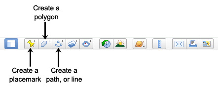 Screenshot of toolbar with "Create a placemark", "Create a polygon" and "Create a path, or line" called out.