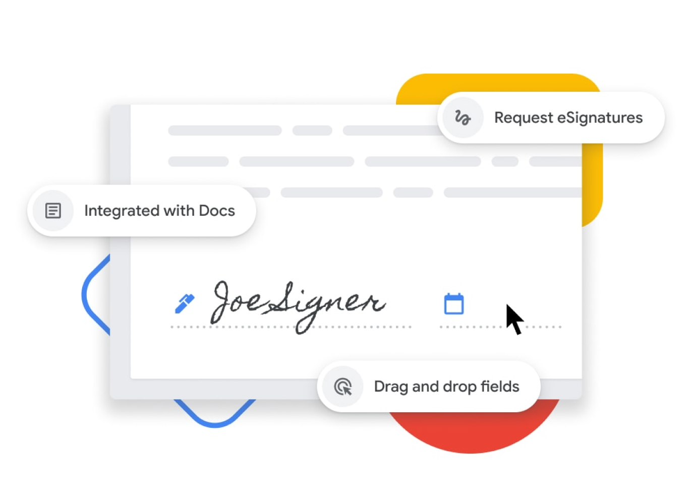 Représentation graphique de la fonctionnalité de signature électronique intégrée dans Google Docs, permettant aux utilisateurs de glisser-déposer les champs de nom et de date. 