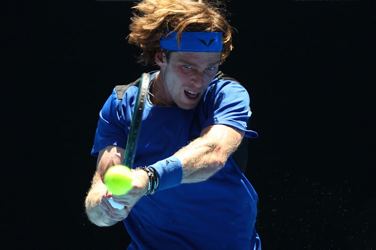 Russia's Andrey Rublev in action during his first round match against Austria's Dominic Thiem at the Australian Open at Melbourne Park on January 17 2023.