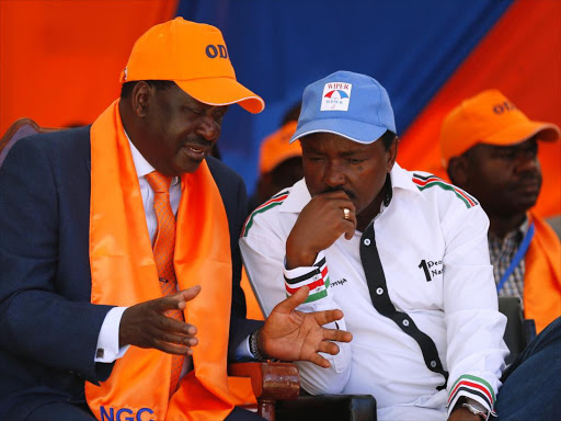 NASA principals Raila Odinga and Kalonzo Musyoka at Orange House onFriday. /JACK OWUOR