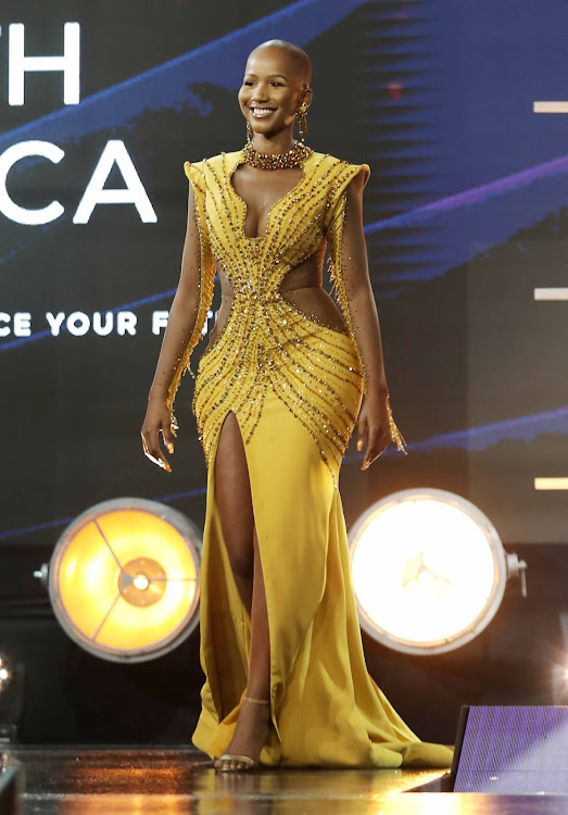 The bespoke gown Shudufhadzo Musida wore for the evening wear portion of the 2020 Miss SA pageant was designed by Orapeleng Modutle.