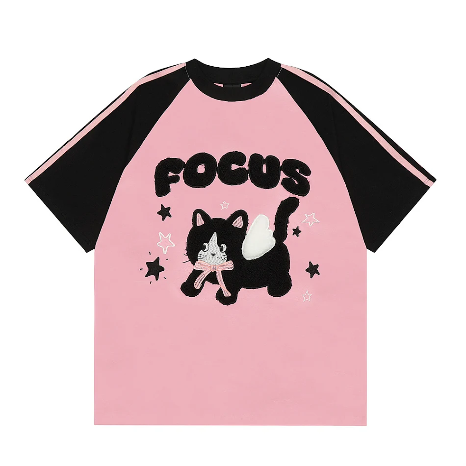 T-shirt da uomo a maniche corte con ricamo di gattino cartoon flock, morbido e confortevole, ideale per un look casual e alla moda, perfetto per l'estate.