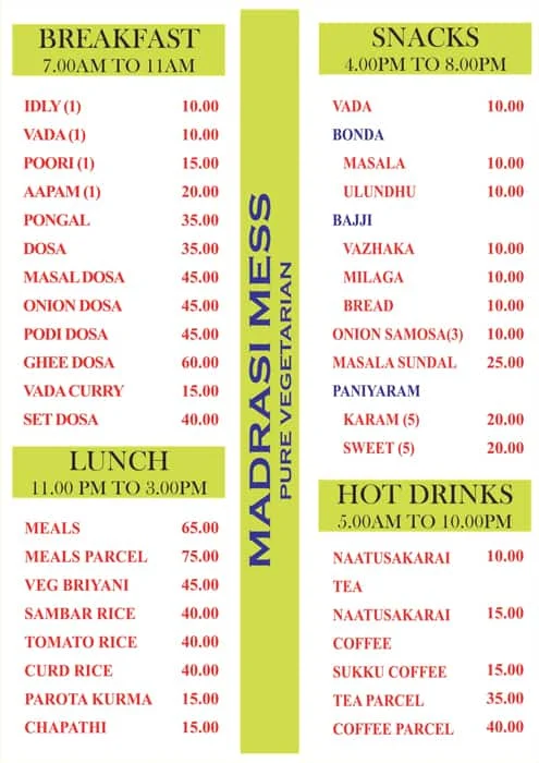 Madrasi Mess menu 