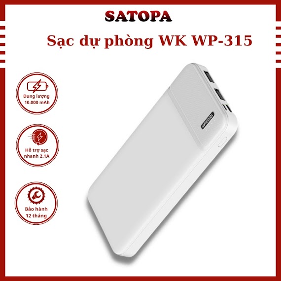 Pin Sạc Dự Phòng 10000Mah Wk Wp - 315, Pin Dự Phòng Sạc Nhanh 2A Thiết Kế Mỏng Nhỏ Gọn Dùng Cho Đt Táo Androi - Satopa