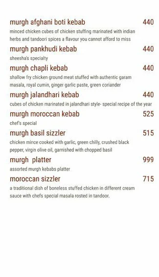 Sheesha Sky Lounge menu 