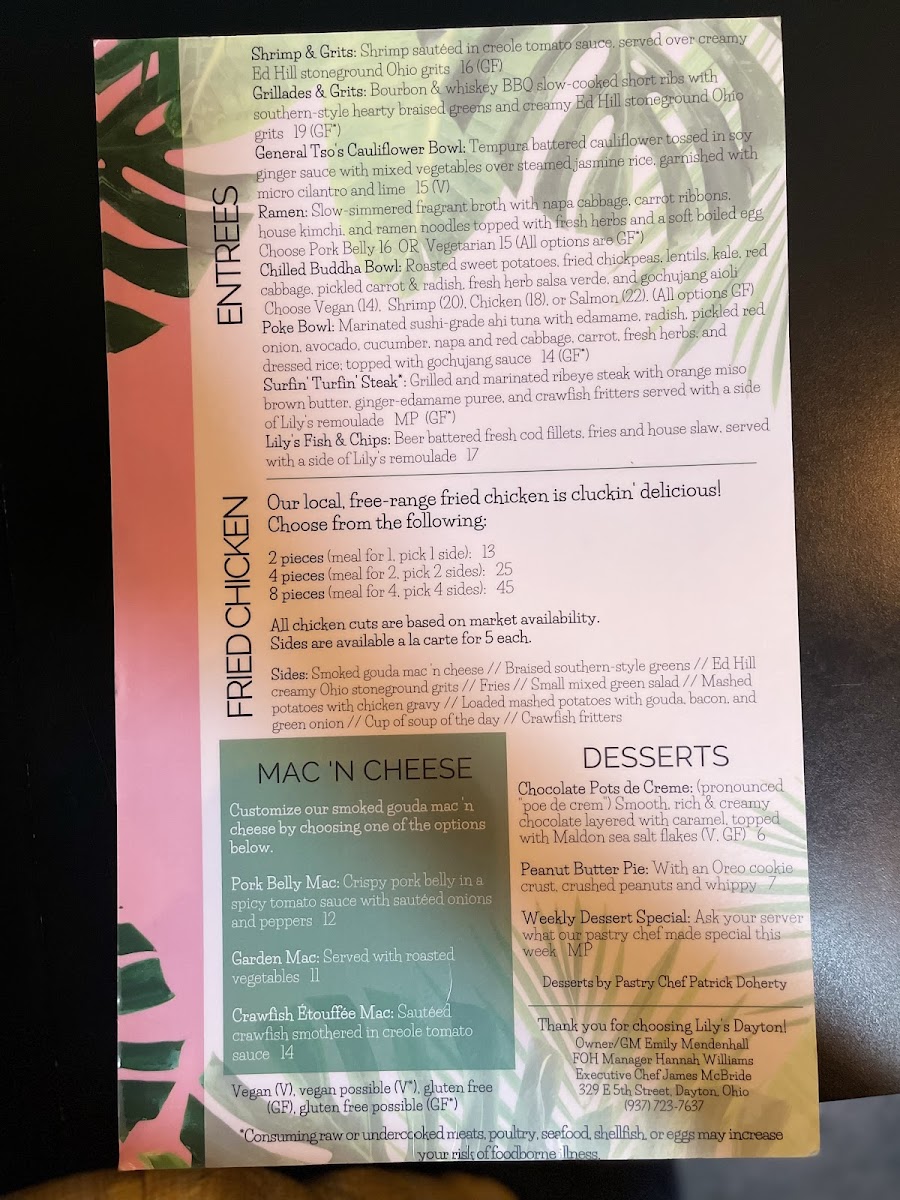 Lily's gluten-free menu