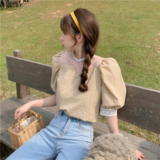 Title 4, Stitching Mesh Puff Sleeve Plaid Shirt Women