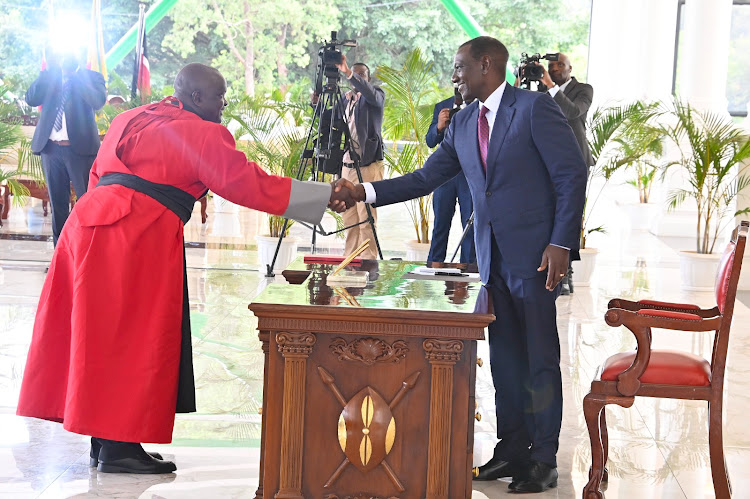 President William Ruto presides over the swearing in of newly appointed High Court judges at State House, Nairobi on May 14, 2024.