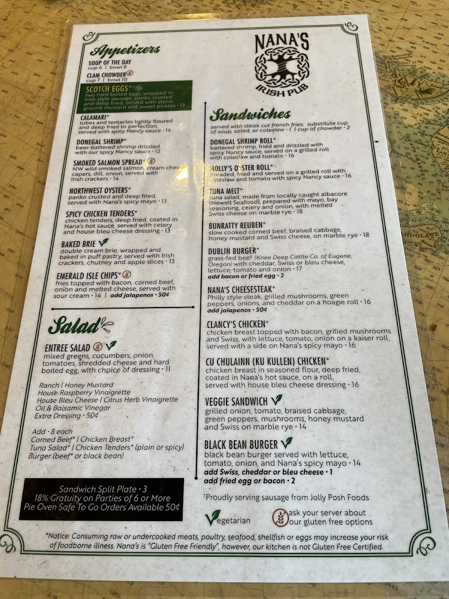 Nana's Irish Pub gluten-free menu