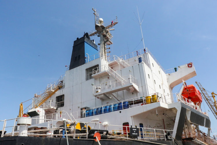 Greek-flagged bulk cargo vessel Sea Champion is docked at the port of Aden, Yemen to which it arrived after being attacked in the Red Sea in what appears to have been a mistaken missile strike by Houthi militia on February 21 2024.