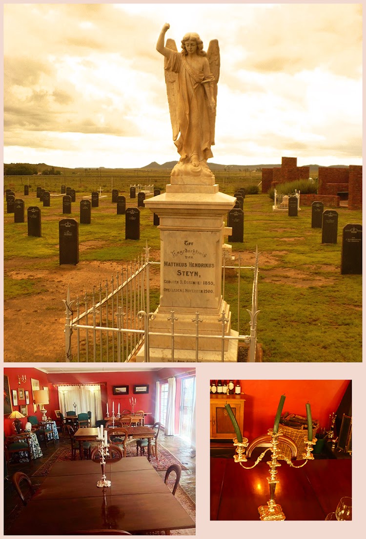 Top: The cemetery just outside the town where the victims of the South African War are buried. The woman who looked after the graves is gone as well. Bottom left: My friend's guest house, in stark contrast to what is going on in Springfontein. He has closed it. Right: On hot days in Springfontein, the candles melt.