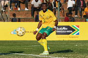 Bafana Bafana player Tshegofatso Mabasa during the 2023 Cosafa Cup third-place playoff against Malawi at King Zwelithini Stadium on July 16 2023.