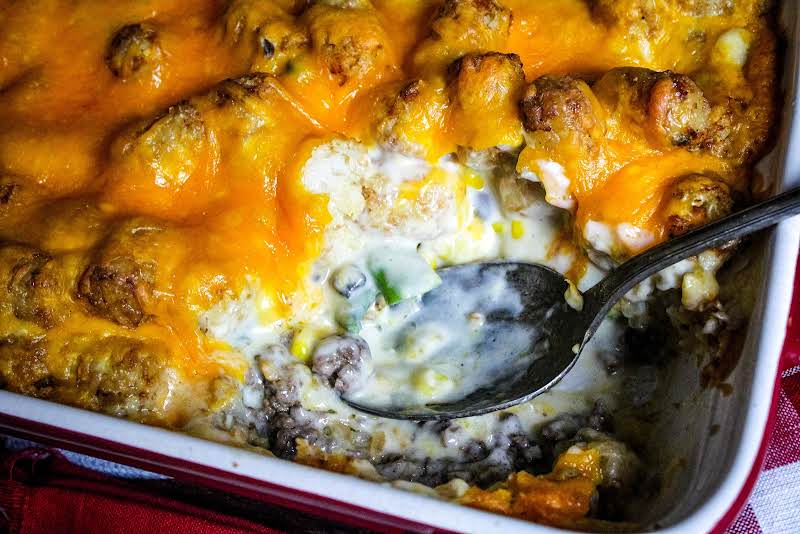 Inside Of The Tater Tot Casserole.