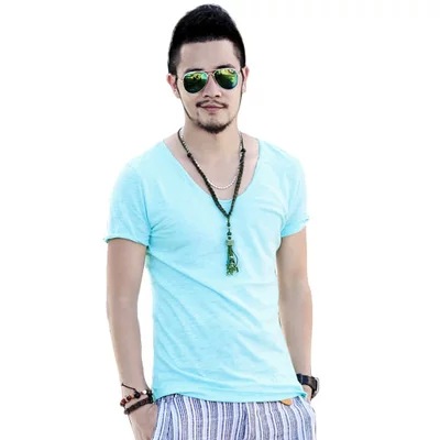 Title 1, Summer Mens Solid Color V-Neck Slub Cotton Sho...
