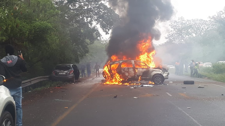 A vehicle burst into flames on the M19 highway in Durban on Tuesday, after a multi-vehicle collision.