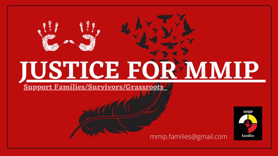 Red background, images of a feather, birds, and white handprints. White text: JUSTICE FOR MMIP; Support Families / Survivors / Grassroots. Email: mmip.families@gmail.com. 