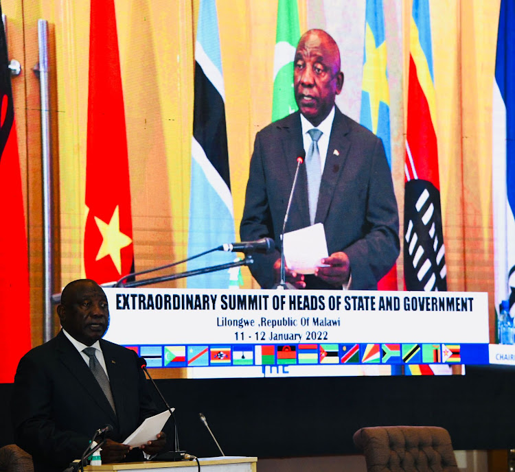 President Cyril Ramaphosa and his regional counterparts at the extraordinary summit of the heads of state and government of Sadc in Malawi.