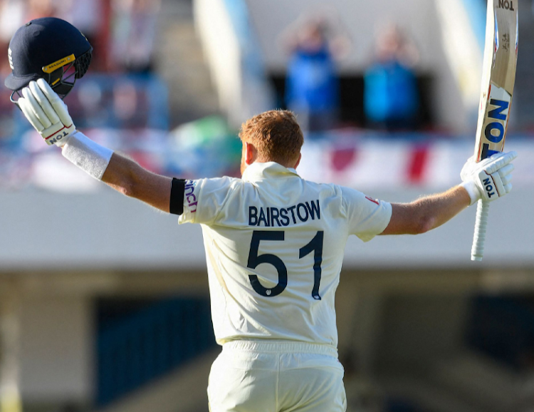 England batter Jonny Bairstow celebrates his century at the Sir Viv Richards Stadium in Antigua.