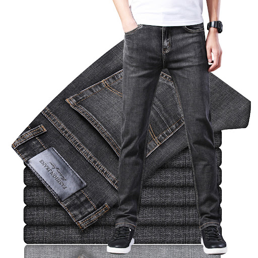 Title 2, Pure Black High Stretch Jeans Mens Straight Mu...