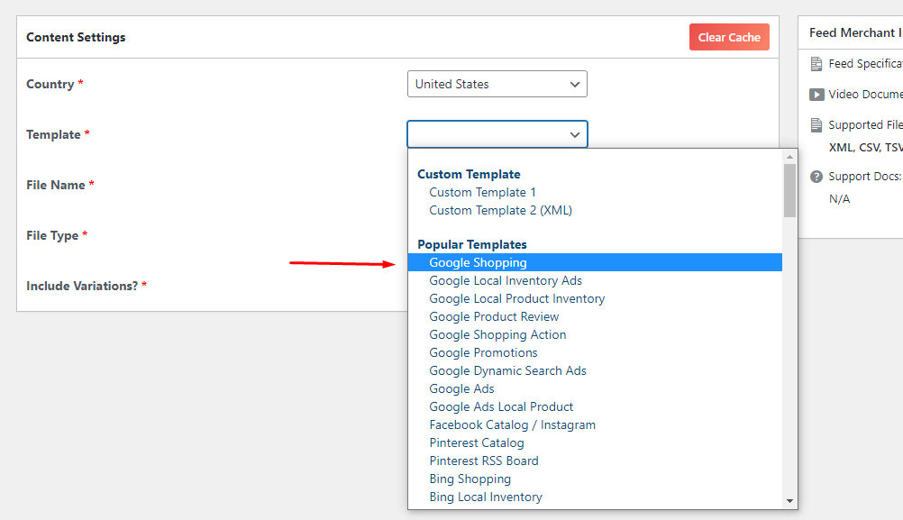 Select template for Google Shopping XML feed