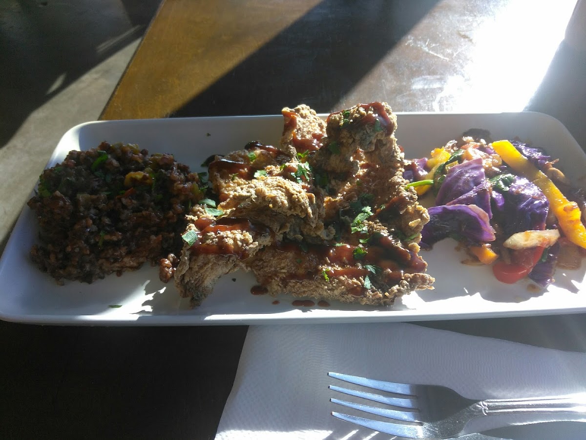 Gluten free BBQ fried chicken, market veggies, and dirty rice. All gluten and dairy free!