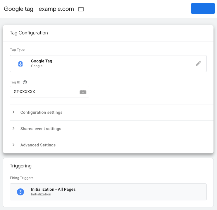 Captura de pantalla de la configuración finalizada de la etiqueta de Google