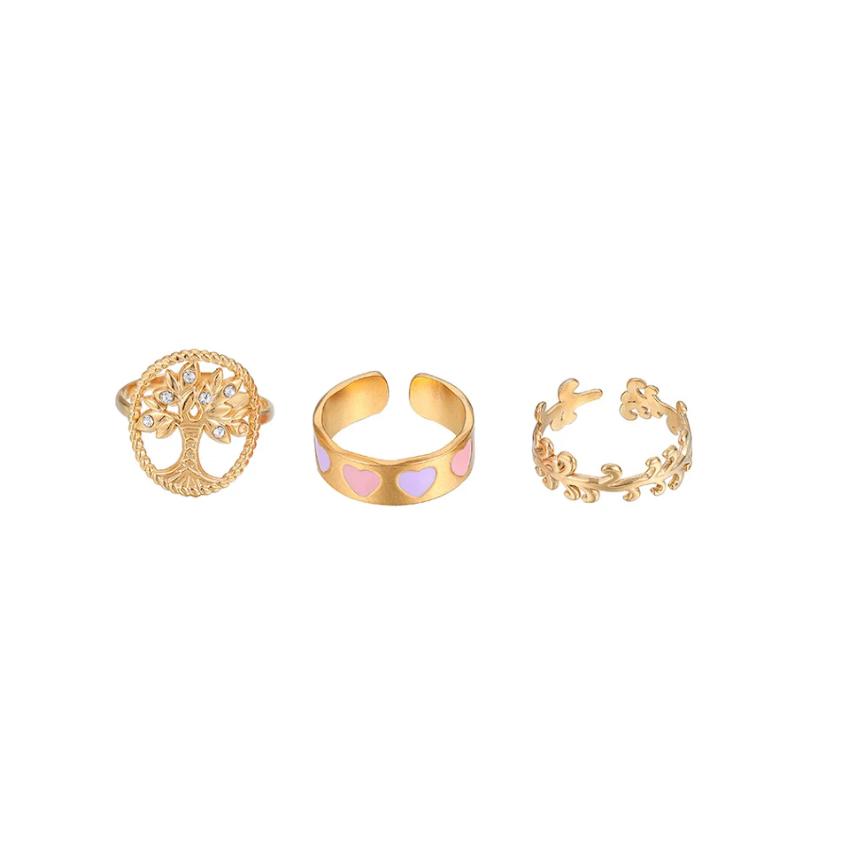 Anel feminino de aço inoxidável dourado com design de árvore da sorte e coração vazado. Anel do amor, perfeito para presentear.