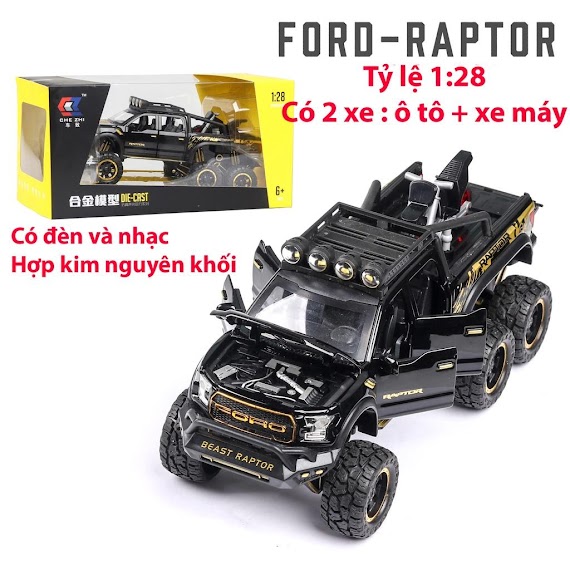 Đồ Chơi Mô Hình Xe Ô Tô Ford Raptor F150 Bằng Hợp Kim Nguyên Khối Có Nhạc Và Đèn, Kèm Xe Máy Tỷ Lệ 1:28 Màu Đen