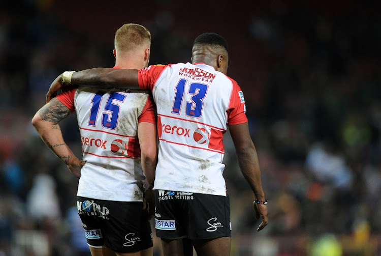 Simelani Wandisile of the Lions celebrates with try scoring teammate Tyrone Green of the Lions during the 2019 Currie Cup game between Western Province and the Golden Lions at Newlands Rugby Stadium in Cape Town on 27 July 2019.