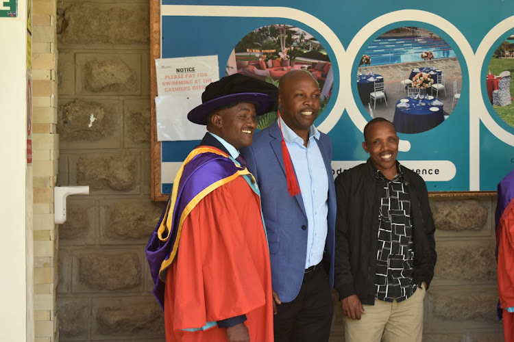 Dr Benson Leyian, Shadrack Ndambuki and Elias Manei, who are pursuing their PhD courses at the University of Nairobi during the graduation ceremony in Ongata Rongai.