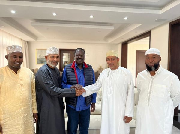 Suna East MP Junet Mohamed, Mvita MP Abdulswamad Nassir, ODM leader Raila Odinga, Mombasa businessman Suleiman Shahbal and Mombasa Governor Hassan Joho after a deal was brokered to have Shahbal step down in favour of Nassir.