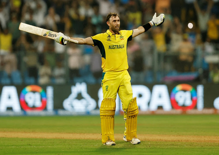 Australia's Glenn Maxwell celebrates after their ICC Cricket World Cup win against Afghanistan at Wankhede Stadium in Mumbai, India on November 7.