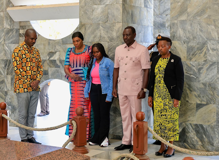 President William Ruto pays respects at the Kwame Nkrumah Museum and Mausoleum in Accra on the final day of his State Visit to Ghana, April 4, 2024.