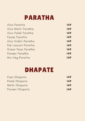 Hey Paratha menu 