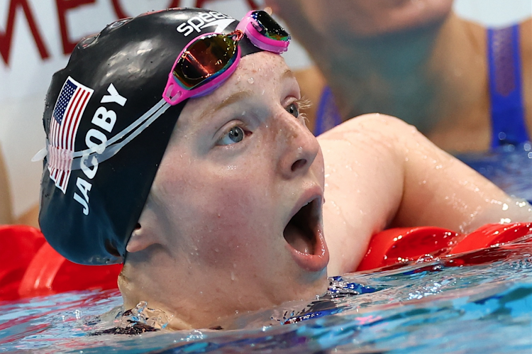 Lydia Jacoby of the United States reacts after winning the gold medal.