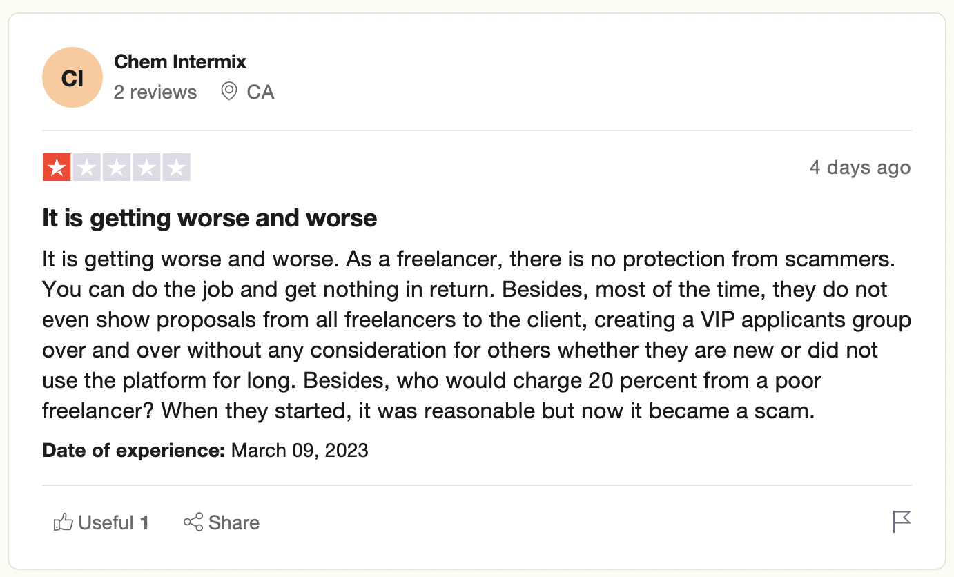 A negative Upwork review by a freelancer