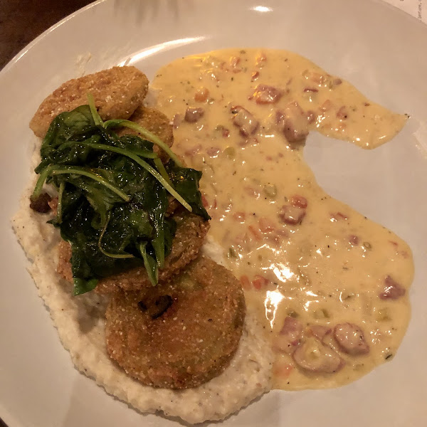 Fried green tomatoes(!), grits with country ham sauce and sauteed spinach