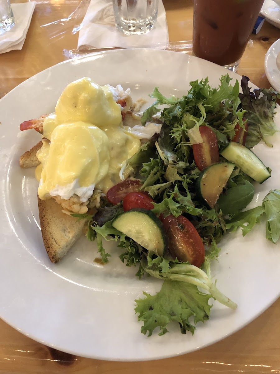 Lobster Benedict, substituted potatoes with salad and English muffin with GF bread. Hollandaise sauce was GF.