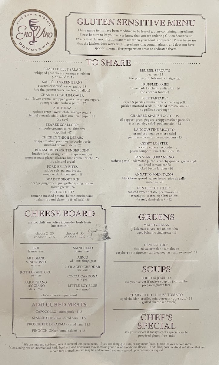 Gluten Sensitive Menu