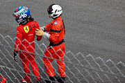 Pole position qualifier Charles Leclerc of Monaco and Ferrari walks from his car after crashing during qualifying for the F1 Grand Prix of Monaco at Circuit de Monaco on May 22, 2021 in Monte-Carlo, Monaco.