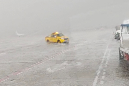 A view shows a hailstorm at MadridÐBarajas Airport, Madrid, Spain May 25, 2023, in this screen grab obtained from a social media video.