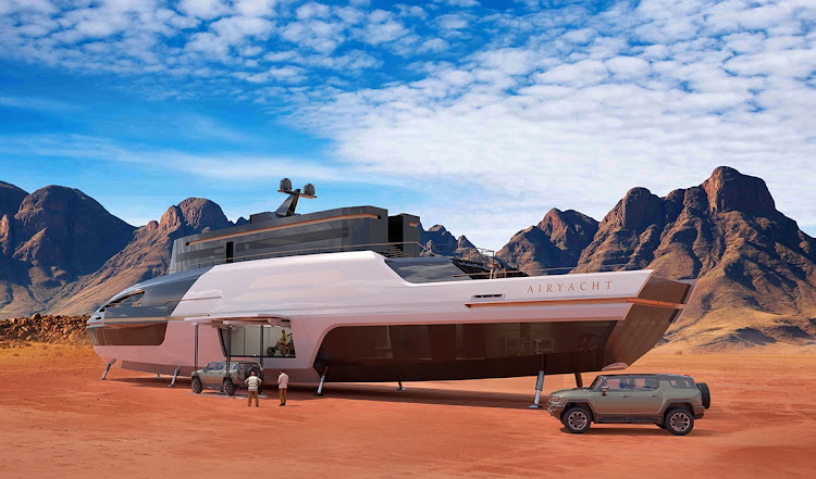 The yacht can even be dropped on land where the guests can drive SUVs out of the inbuilt garage.