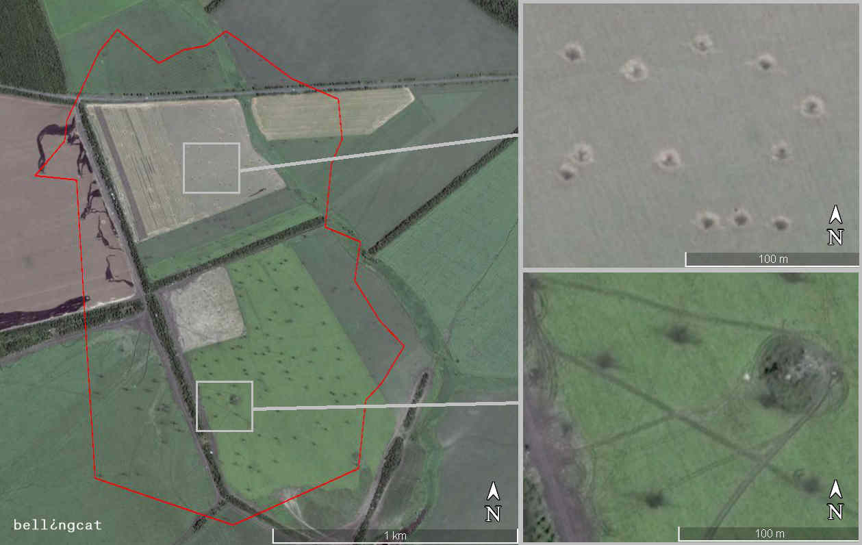 The crater field near Amvrosiivka from the 14 July 2014 attack, positioned at 47°46'1.07" N 38°30'43.16" E. Google Earth satellite image date 16/07/2014.