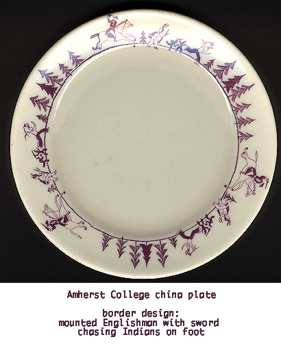 Image of plate formerly used in Valentine Dining Hall featuring a design of Lord Jeffrey Amherst chasing an Indigenous person