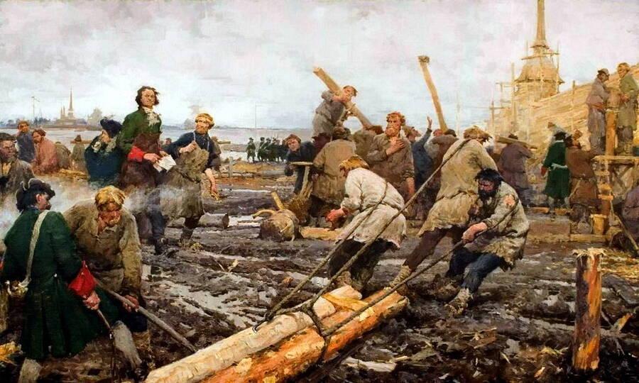 Peter I at the construction of St. Petersburg. Artist: Georgy Aleksandrovich Pesis, 1953.